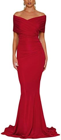 Syusuke Sexy Off-Shoulder Mermaid Wedding Evening Party Gown Dress For Women Red XL