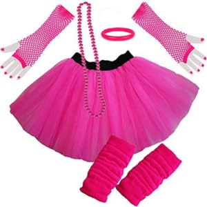 Paper Umbrella Ladies NEON Tutu Skirt Legwarmers Short Gloves 5 Piece Set (UK 8-14, Pink)