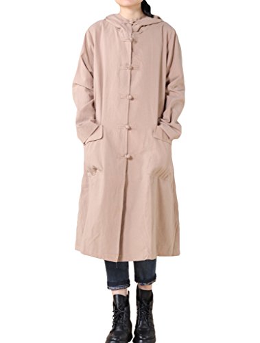 Mordenmiss Women's Long Sleeve Hooded Frog Button Coat with Two Pockets Style 3 M Khaki