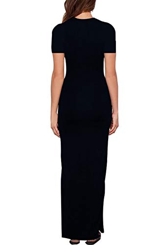 Meenew Womens Short Sleeve Summer Beach Vacation Bodycon High Slit Long Dress Black XL - Thumbnail 3