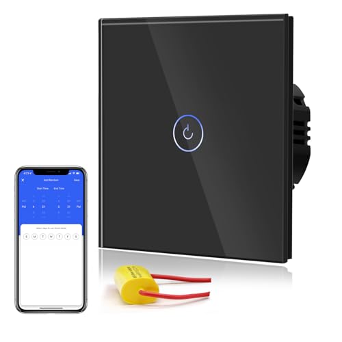 BSEED Smart WiFi Touch Light Switch, Glass Panel, Compatible with Alexa, Smart Life and Tuya (No Neutral Wire Needed), 1 Gang 1 Way, 86 mm Black