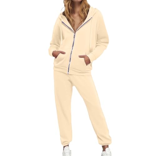 Tracksuit Womens Full Set Fleece Thickend Solid Sweatsuits 2 Piece Zip Up Drawstring Hoodie And High Waist Sweatpants With Pockets Soft Ladies Sets Daily Wear Sport Tracksuit Sets