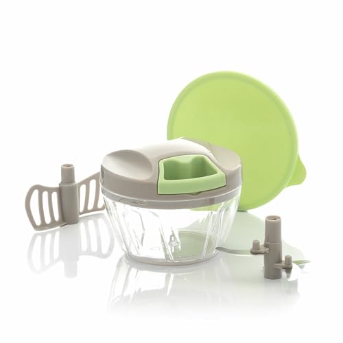 ® Picadora Manual de Verduras y Frutas con Cuerda, trituradora de alimentos de 400 ml, picador de verduras con cuchillas curvadas, Accesorio Mezclador, Tapa Extra. Picadora uso seguro.