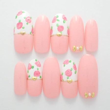 Amazon Dinaネイル ピンクハーフカット薔薇柄 ショートオーバルll 番 ネイルチップ ノーブランド品 ネイルチップ 通販