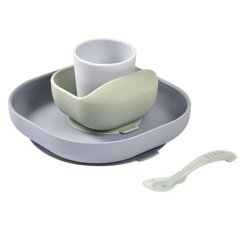 Beaba - Silicone Feeding Meal Set - Set of 4 Pieces : Plate + Bowl + Cup + Spoon - Silicone with Strong Suction pad - Baby and Children - Jungle