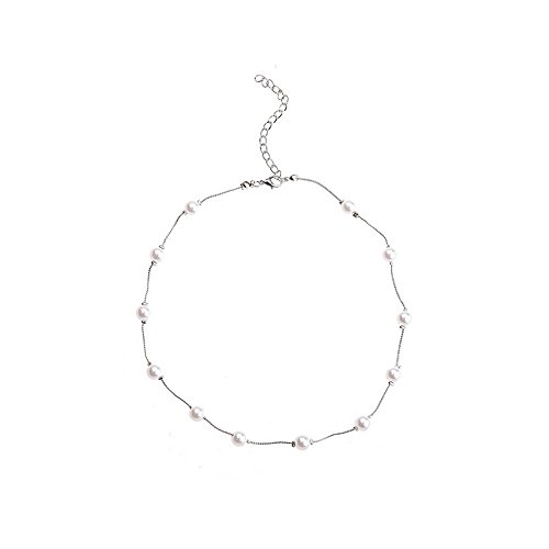 Pearl Necklace,Haluoo Dainty Pearl Beads Choker Delicate Sterling Silver/Gold Fine Clavicle Chain Freshwater Pearl Pendant Bib Collar Necklace For Women Girl Wedding Anniversary Dating Jewelr (Silver)