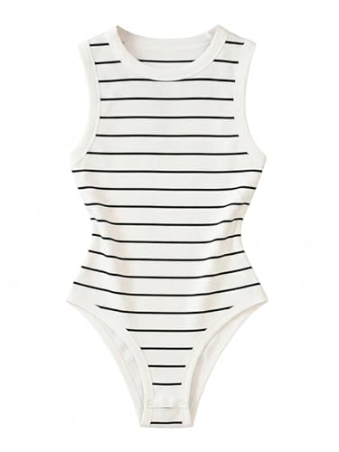 Milumia Women's Striped Sleeveless Bodysuit Fitted Tank Top Leotard at Amazon