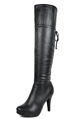 Dream Pairs Women s PHANCY Fashion Slouchy Rear Cross Lace Up Winter Faux Fur High Heel Knee High Lady Boots BLACK PU-SZ-5.5