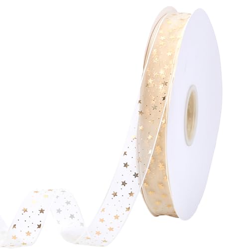 CABODYALS About 91.44M 21mm Gold Star Printed Ribbon White Sheer Stars Pattern Print Transparent Chiffon Silk Yarn Ribbons Trim with Spool Bulk for Sewing Making Crafts Gift Wrapping Diy Supply