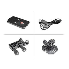 Includes: USB Charging Cable, Waterproof Case, Remote, Mounting Clips