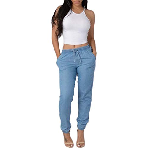 Elastic Waist Casual Pants for Womens High Waist Jeans Casual Blue Denim Pants