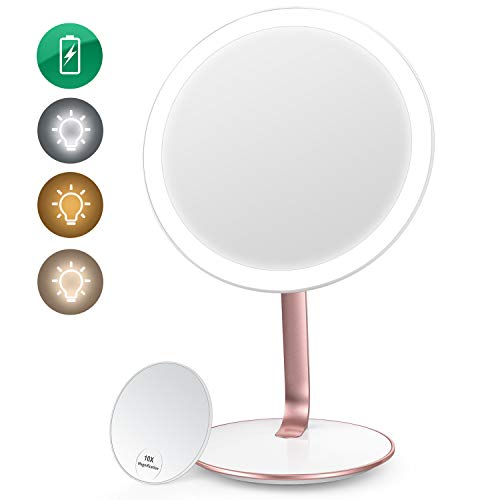 EASEHOLD Makeup Vanity Mirror Rechargeable with 3 Colors 52 LEDs Lights Smart Touch Sensor Dimmable 1X/10X Magnifying Cosmetic Beauty High Definition Circle Portable Countertop Desk Face Mirror