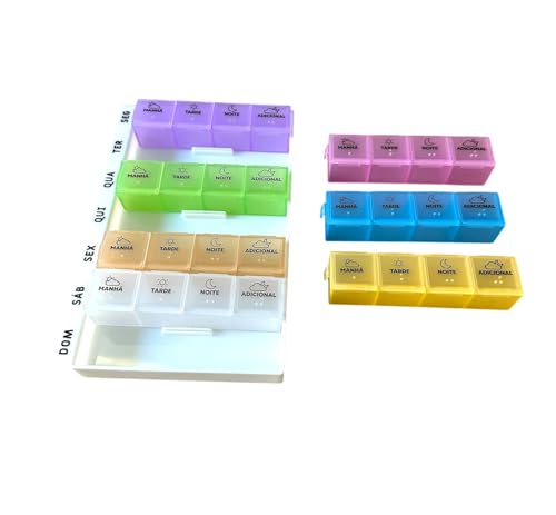 MBB Shop - Caixa Organizador Porta Comprimido Remédio Vitaminas Semanal 2 x Por Dia Manhã e Noite - 28 Compartimentos - Premium (Multicolorido)
