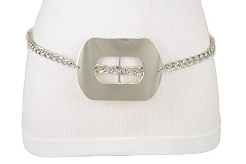TFJ Women Skinny Belt High Waist Hip Silver Metal Chain Bling Square Buckle XS S M