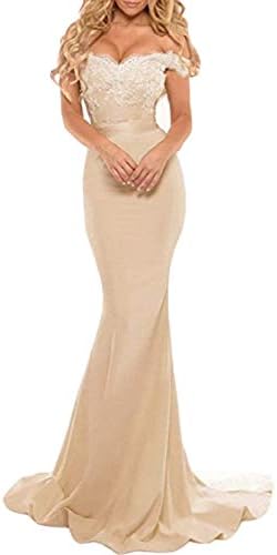 Women's Off The Shoulder Appliques Baeded Mermaid Prom Party Gowns with Train Bridesmaid Evening Dresses