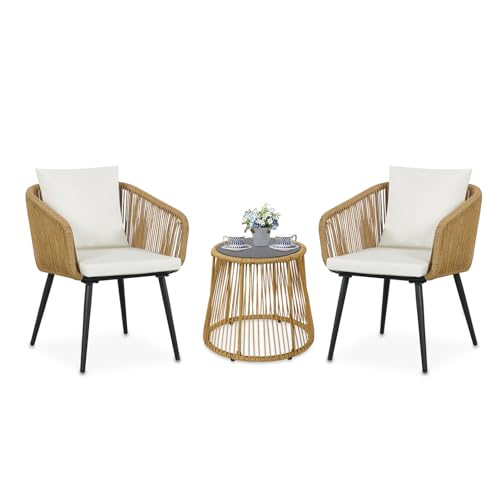 YIYAN 3 Piece Patio Bistro Set, Wicker Outdoor Patio Set with Enhanced Comfort Seating, Round Glass Top Coffee Side Table, Patio Rattan Conversation Set for Balcony, Lawn, Garden, Backyard (White)