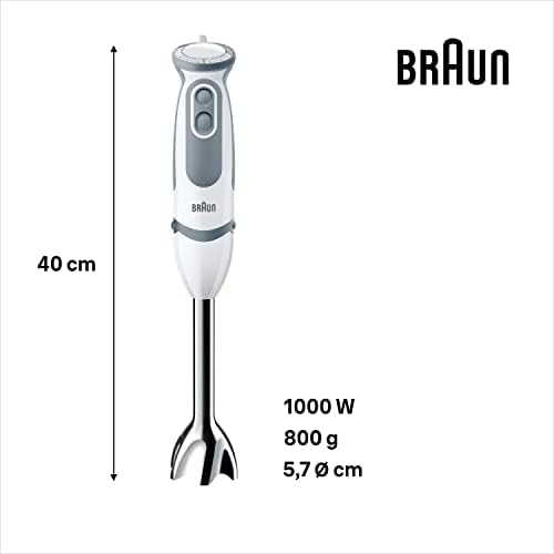 Varinha mágica braun multiquick 5245, 1000 w, 21 velocidades, função turbo, anti-respingos, powerbell plus, copo medidor, varetas, mini picador, liquidificador de vidro, lâmina para triturar gelo, branco