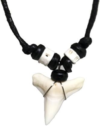 Shark Tooth Rasta Short Beads Necklace Handmade Hawaiian Style Beach Boy Men (White Bone - Black Bead 5)