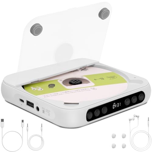 135 x 135 x 25 mm, Mini CD Player Portatil, 2000mAh, Pode Ser Levado com Você, Compatível com Fones de Ouvido Toca CD, Alto-Falantes Duplos Integrados