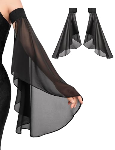 DAZCOS Victorian Long Tulle Sleeves for Women Chiffon Detachable Gloves for Wedding Dress Halloween Party Pageant (BLACK-02) at Amazon