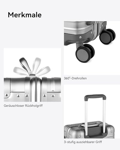 LUGGEX All Aluminium Suitcase, Hand Luggage, Aluminium Suitcase Trolleys without Zip, Sturdy Hard Shell Case with 4 Double Spinner Wheels, TSA Combination Lock (Silver, 55 x 38 x 23 cm, 40 L)