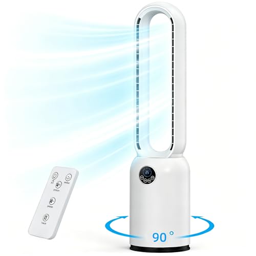 Bladeless Tower Fan, 90CM Tower Fan with Remote & LED Display, 24 Speeds & 12H Timer 90° Oscillating Pedestal Fan Cooling Bladeless Fan, Low Noise Standing Fan for Indoor, Bedroom, Home, Office