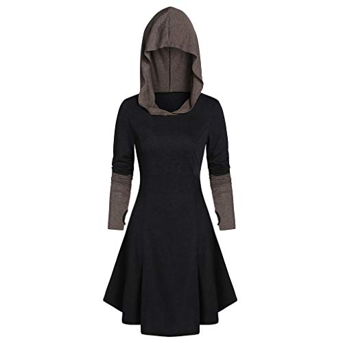 SFE Women Coats Winter Plus Size Halloween Vintage Print Stitching Cloak Lace-up Hooded Sweatershirt Dress Black