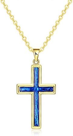 Alipeia Blue Opal Gold Plated Lace Cross Pendant Necklace 18'' Adjustable Link Chain