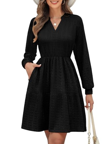 Pasuda Kleid Damen Elegant Langarm Ärmel V-Ausschnitt Kleider Casual Damen Kurze Freizeitkleider Frühling Herbst Herbstkleid Knielang Kurzkleid Minikleid Bequem A Linien Mit Taschen (Schwarz, L)