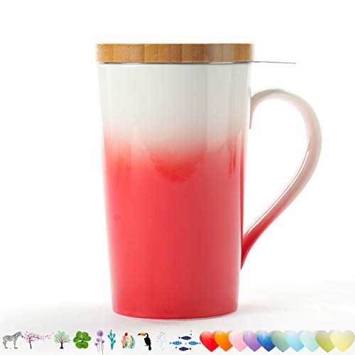 TEANAGOO M066-R Porcelain Tea Cup with Filter and Lid, 18 OZ, Red, Mom Dad Women Infuser, Tea Mug Steeper Maker, Brewing Strainer for Loose Leaf Tea, Diffuser mug set for Lover Gift teacup