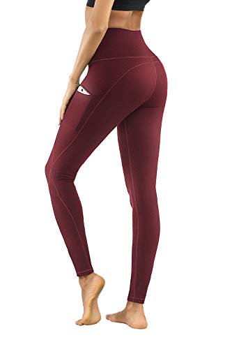 PHISOCKAT High Waist Yoga Pants with Pockets, Tummy Control Yoga Pants for Women, Workout 4 Way Stretch Yoga Leggings (Wine, Small)