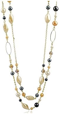 Women's Multi-Strand Multi-color Simulated Pearl, Gray Faceted Crystal Bead Layered Necklace, 36"