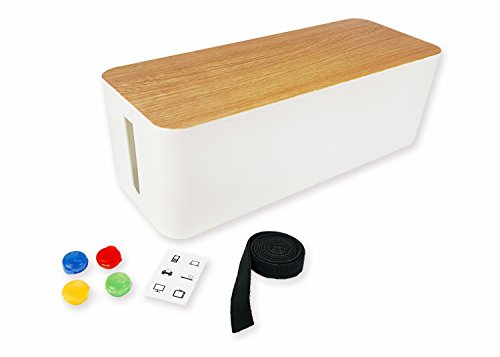 Summit Cable Management Box/Cord Organizer - White With Premium Wooden Style - Cord Hider For Plugs, Surge Protectors, TV Wires/Cables - Includes Unique Cable Tidy Plus Easy Clip Cable Organizer