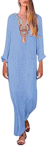 HEATLE Womens Linen Dresses, Vintage Print V-Neck Sleeveless Retro Loose Baggy Summer Fashion Casual Sexy Split Hem Kaftan Cotton Long Maxi Dress