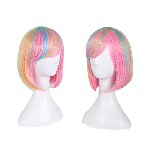 Wigood 14 inch Pink Bob Wig Short Straight with Free Wig Cap Cosplay Wigs for Kids Women