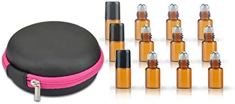 Round Hard Shell Case for 1/4 5/8 DRAM Micro Mini Roll-on Glass Bottles with Metal Roller Balls - Refillable Aromatherapy Essential Oil Roll On (HOLDS 12 VIALS) (2ML Brown bottle)