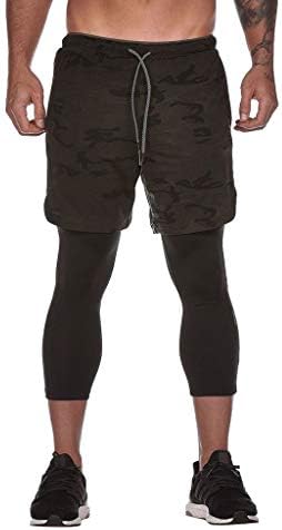 2 in 1 Running 3/4 Shorts for Men Quick Drying Basketball Compression Shorts with Built-in Pocket