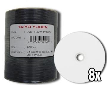 JVC (Taiyo Yuden) DVD-R 8X WHITE INK JET(HUB PRINT) 100 Pack