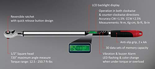 ACDelco Tools 1/2" (Inch) Angle Digital Torque Wrench, Measures 12.5 - 250.7 ft-lbs. Range of Torque, 26-1/4" Length, LCD Display, Audible Notification Buzzer, Vibration & LED Light Flashing,ARM303-4A