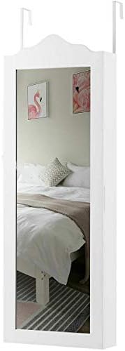 NanaPluz 38" Mirrored Jewelry Cabinet Wall Door Home Decor Mounted Armoire Storage Organizer - White with Ebook