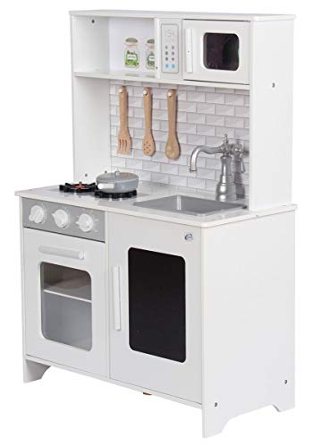 Coemo Weiße Spielküche aus Holz inkl. Gas-Kochfeld Backofen Mikrowelle Küchen-Zubehör aus Holz herausnehmbares… – Bild 3