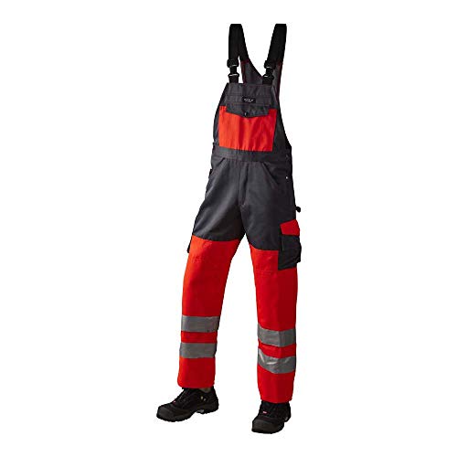 J.A.K. 1110787084 Serie 11107 - Pantalones de peto (70% poliéster y 30% algodón, EN 20471, clase 2, talla 34/32), color rojo y gris