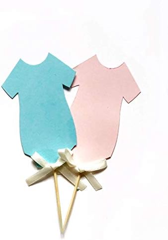 12pcs Baby Shower Gender Reveal Onesie Cupcake Toppers Birthday Cute Boy Girl Party Supplies Decorations (Blue)