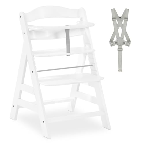 hauck Alpha+, White - Wooden High Chair 6 Months to Adult Sustainable FSC® Certified Beechwood Toddler Feeding and Entertainment Chair, Inclusive 5-Point Harness Bumper Bar Crotch Strap
