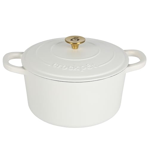 Crock-Pot Artisan 7-Quart Round Dutch Oven – Matte Linen White with Gold Knob, Enameled Cast Iron Cookware