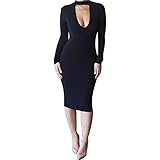 ALAIX Women's Sassy Keyhole Low-cut Bodycon Long Sleeve Winter Pencil Party Evening Dress Black-XL