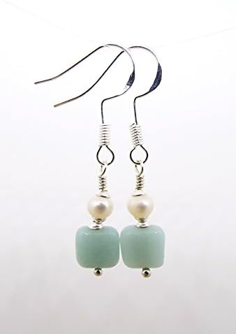 Small Amazonite Gemstone and Cultured Freshwater Pearl Dangle Earrings in Light Aqua