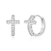 MIA SARINE Rhodium Plated Sterling Silver Small Cubic Zirconia Huggie Cross Hoop Earrings for Women