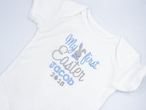 Personalised Embroidered Baby Boys Short Sleeved Bodysuit/Vest - My First Easter with Bunny in Bow TIE - Boys Novelty Unique Gift & Keepsake **Add Any Name** (3-6 Months)