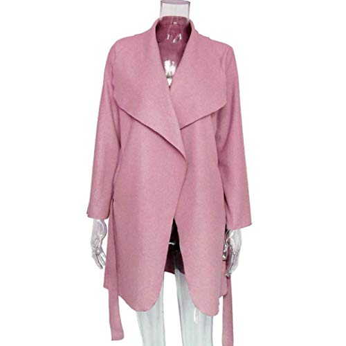 Elogoog Women's Casual Open Front Cardigan Wide Lapel Woolen Trench Coats with Belt (M, Pink)